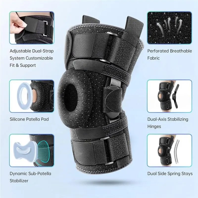 Hinged Knee Brace Featuring Dual Metal Side Stabilizer& Breathable Design For Sports, Running, Workouts With Patella Support M