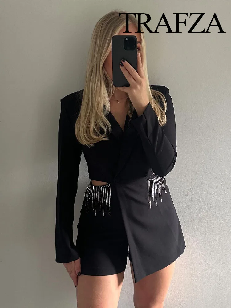 TRAFZA 2023 Spring Winter Fashion Causal Tassel Playsuits Long Sleeve Vintage Woman Elegant Hollow Out Blazer Jumpsuit Slim Tops