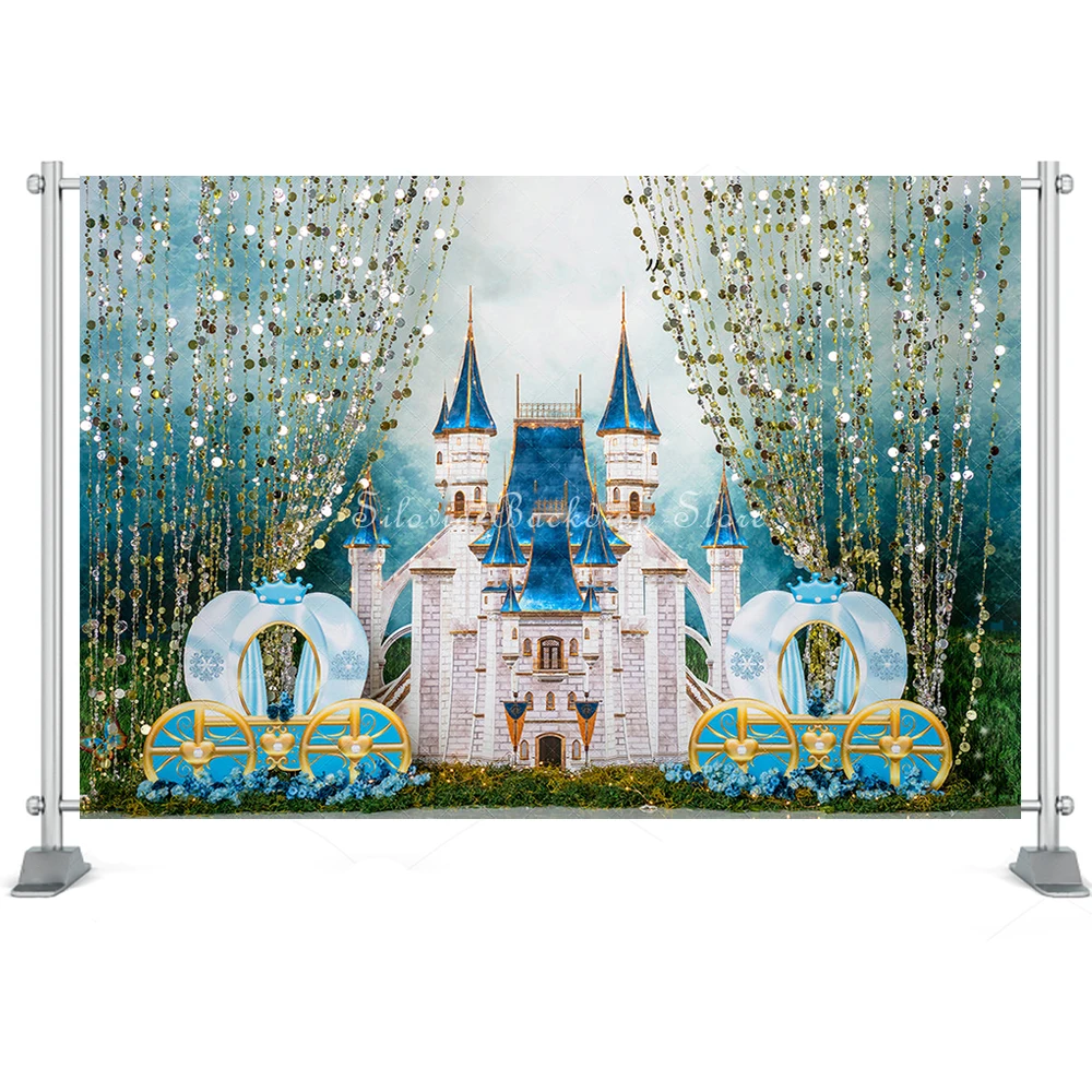 Dream Blue Castle Royal Carriage Photo Background Children Birthday Cake Smash Photography Backdrop Shiny Photo Studio Props