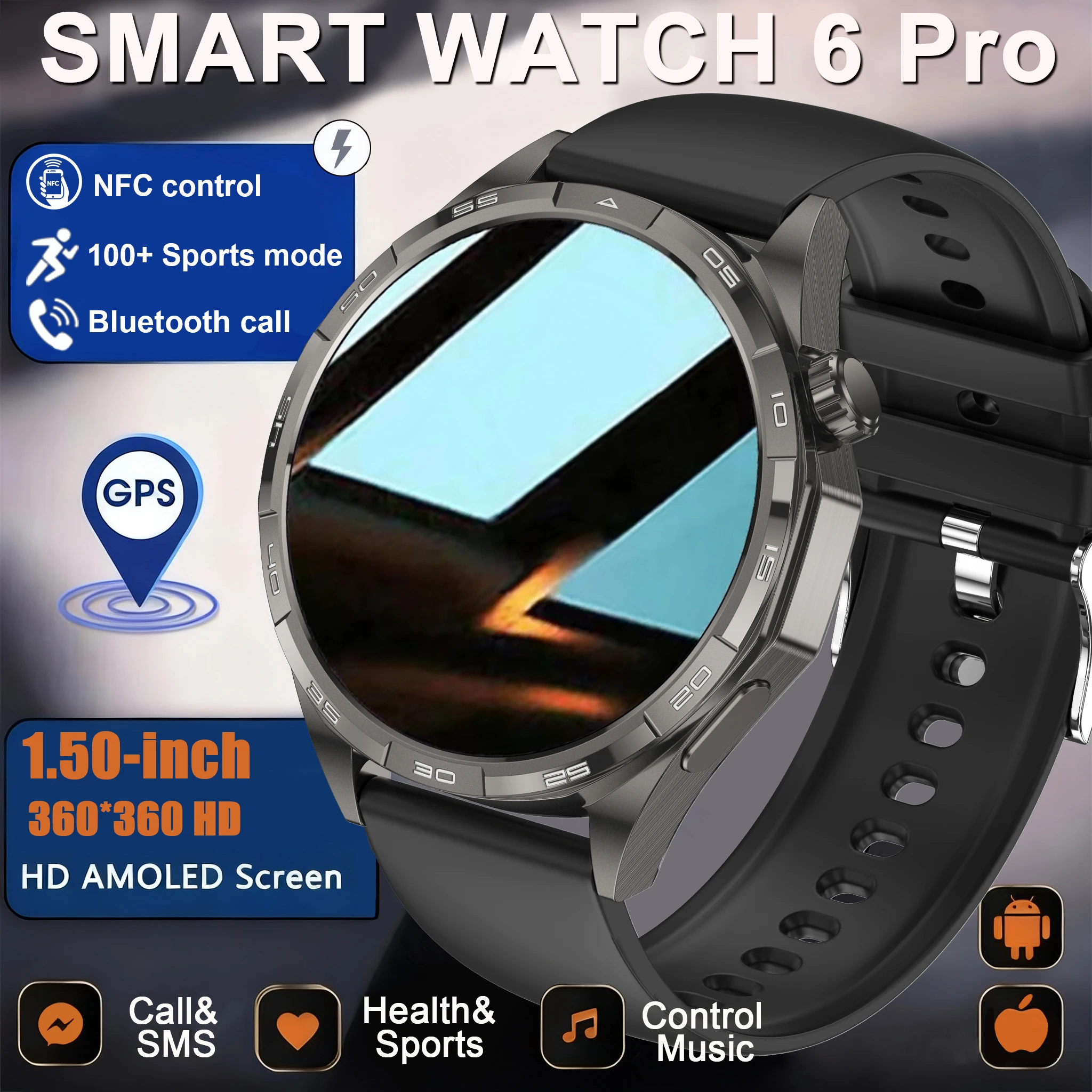 

2026 New Smart Watch AMOLED Screen GPS Tracker HD Bluetooth Call Waterproof Sports Health Monitoring Smartwatch Men Watch 6 Pro