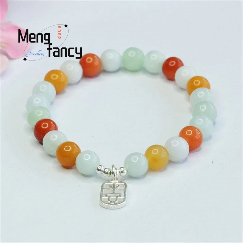 

Natural Myanmar A-goods Jadeite Colourful S925 Silver Peaceful Bracelet Exquisite Elegant High-grade Luxury Fashion Fine Jewelry