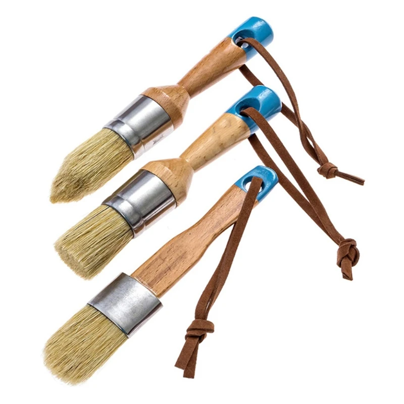 

3Pcs Round&Flat&Pointed Chalk and Wax Paint Brush Reusable Handle Natural Bristle Brushes Painting and Waxing Tool