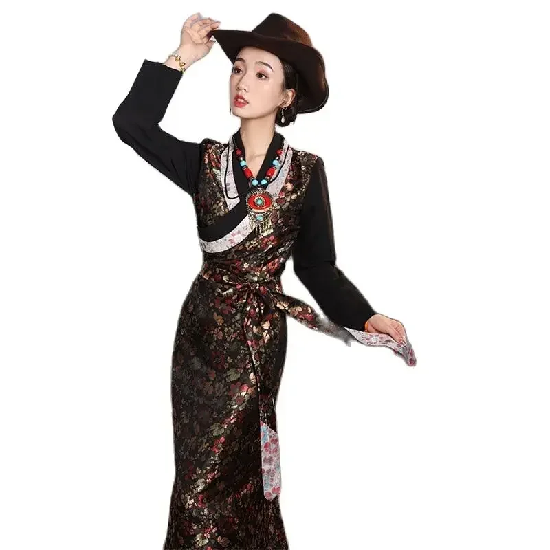 

Ethnic clothing Women traditional tibetan cheongsam gown classical floral Asian costume silk blenddress