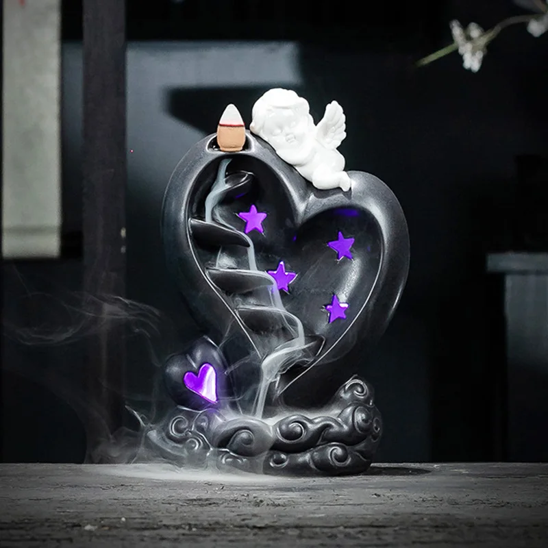 Beautiful Angel Backflow Incense Burner with LED RGB Light Smoke Waterfall Incense Base Living Room Home Decor Christmas Gift