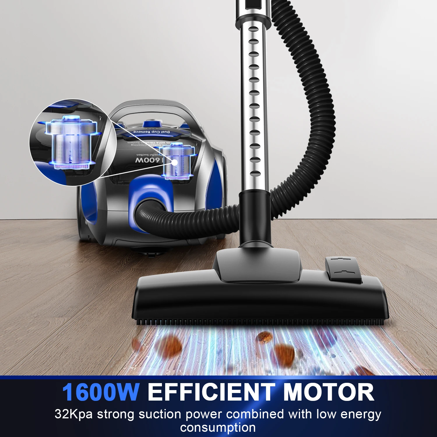 1600W Bagless Canister Vacuum Cleaner for Household Use 32Kpa H13 HEPA Filter 3.7Qt Large Capacity Dust Full Indicator 5 Tool