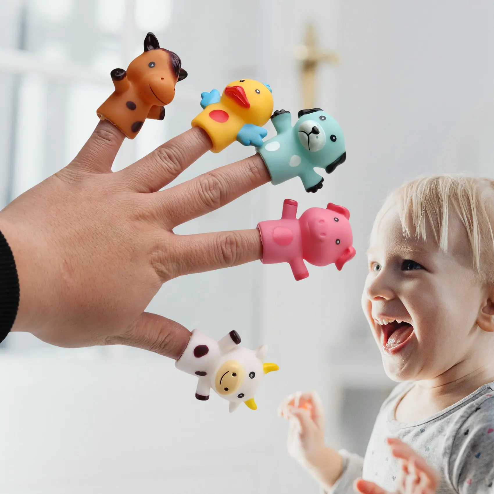 Finger for Children and Babies 5 Farm Animals PVC Bath Toys Hand Doll Set Early Eductional Toys(C)