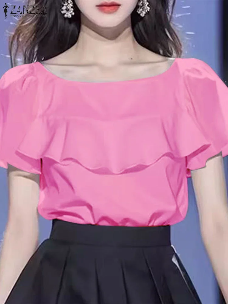 エレガントなブラウスザンゼア 2025 女性韓国フリルラウンドネック夏のパッチワークパーティートップスシャツカジュアルシフォン半袖チュニック