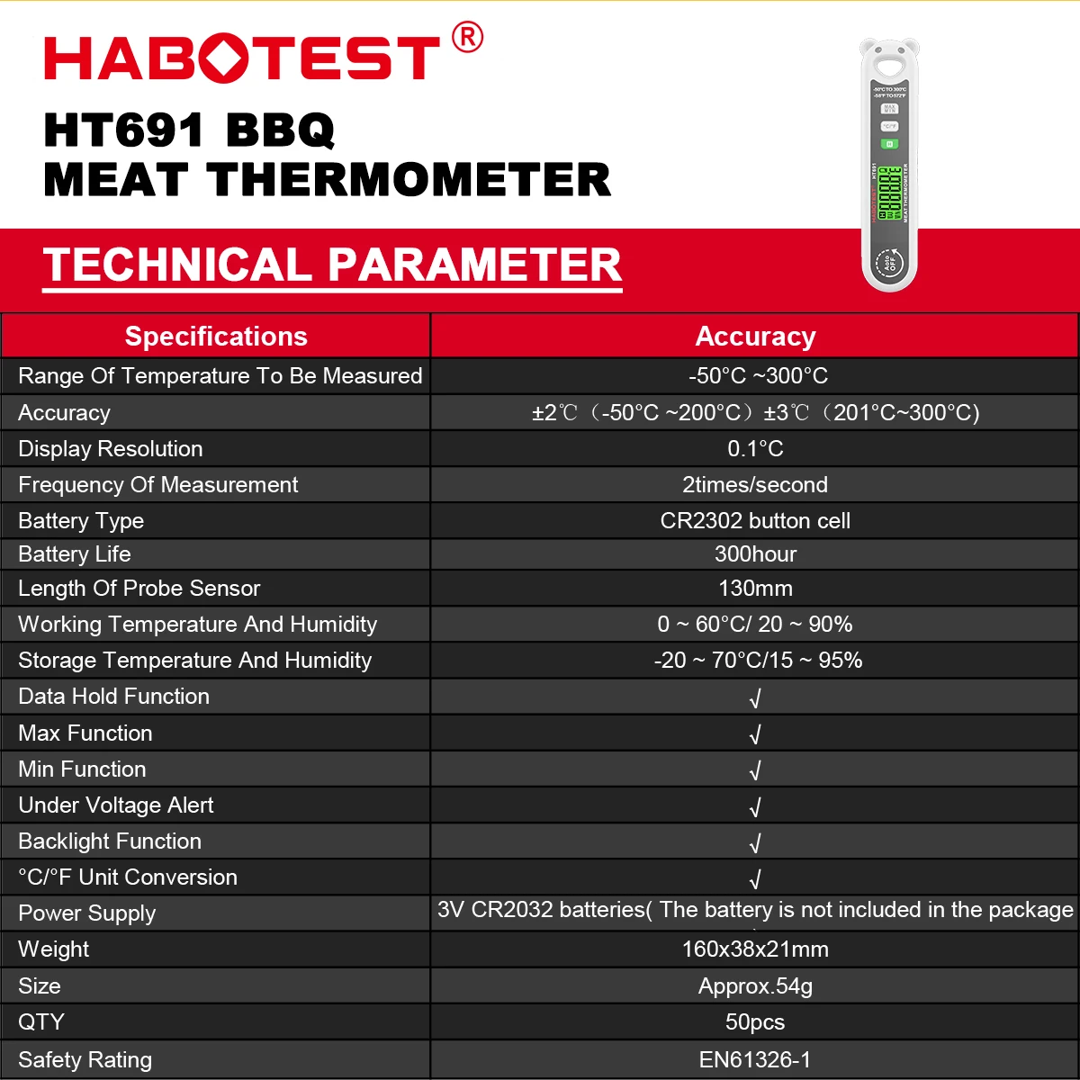 HABOTEST HT691 Instant Read Meat Thermometer for Grill and Cooking Kitchen Probe Thermometer for BBQ Grill Beef Deep Frying