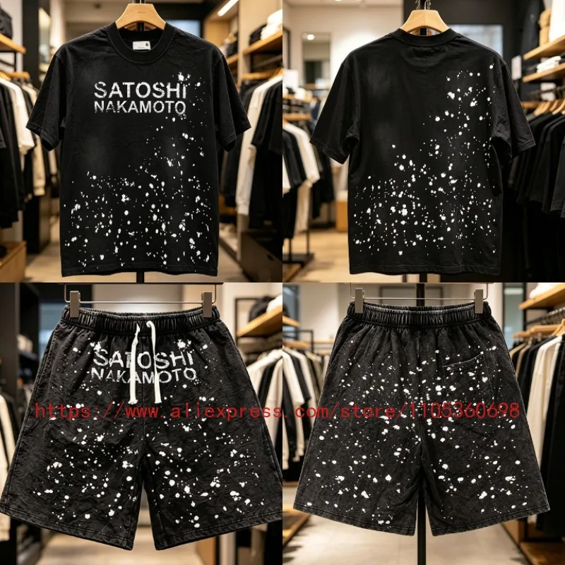 New Satoshi Nakamoto Men's T-Shirt Solid Black Wash Finish Irregular Splash Design Everyday Loose Casual Tee Top