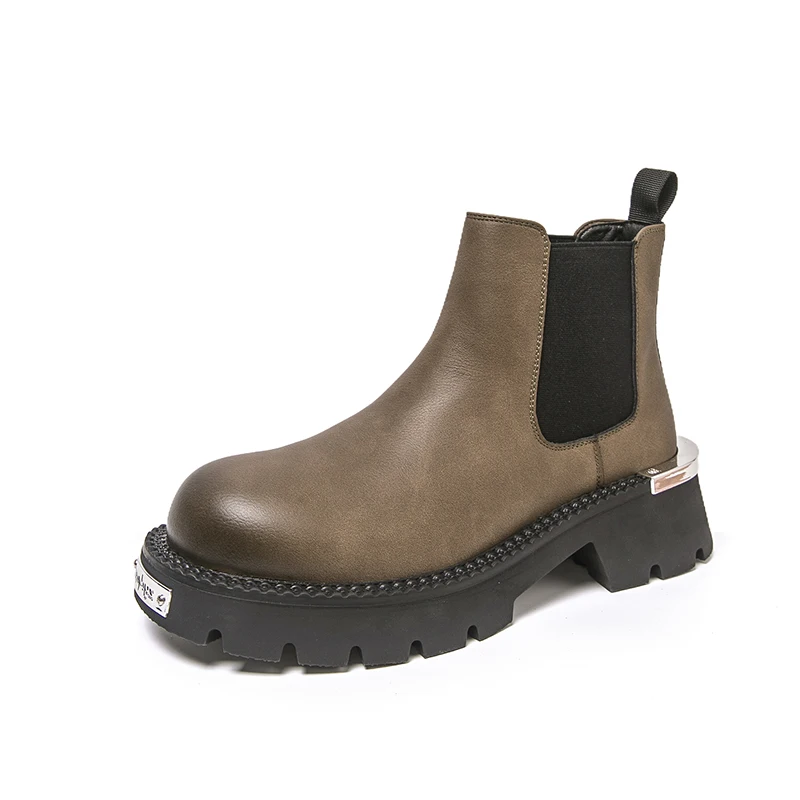 Fashionable Khaki Street English Style Men Casual Chelsea Boots High-quality Soft Comfortable Thick Soled Non Slip Driving Shoes