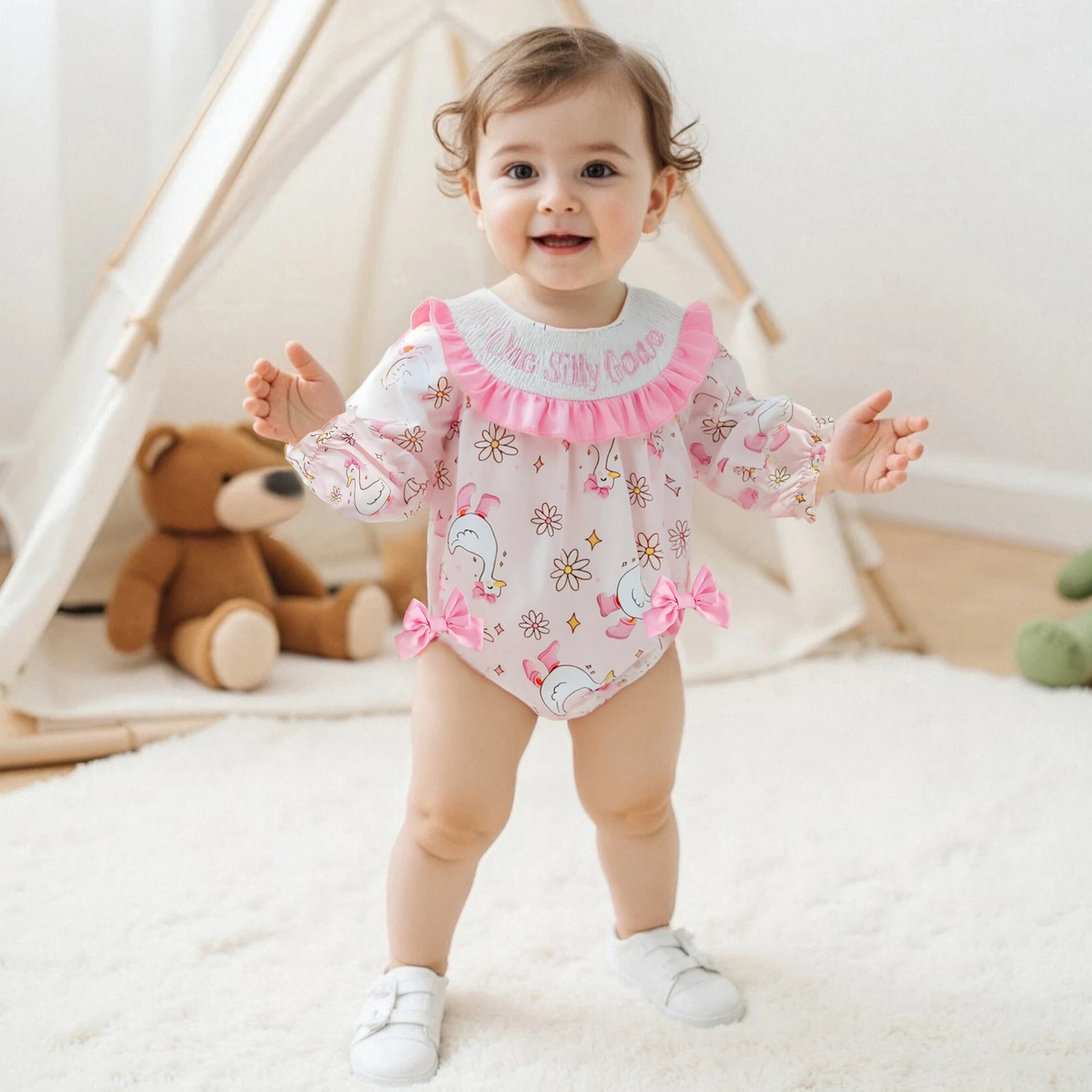

Baby Girl Goose Flower Romper Smocked Ruffle Trim Long Sleeve Jumpsuit with Bow Newborn Girls Clothes