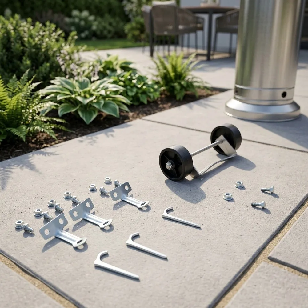 Gas Heater Wheel Kit with Stainless Steel Mounting Bracket and Black Wheels Fits Round Base Patio Heater Models