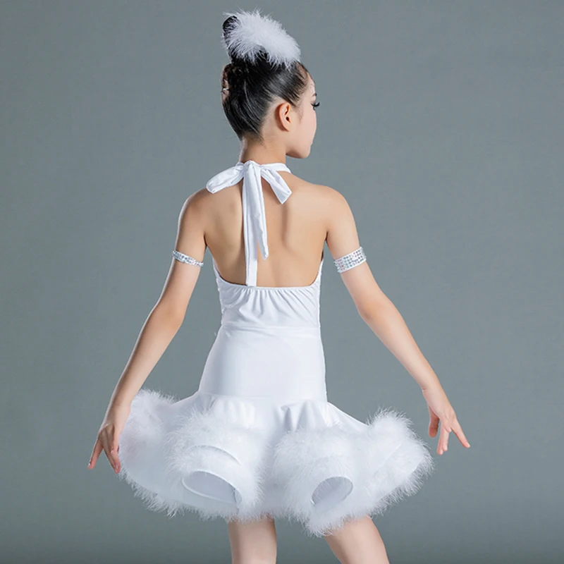 

Latin Dance Performance Dress Kids Girl Halter White Feather Jumpsuit Cowboy Samba Chacha Rumba Professional Competition Costume