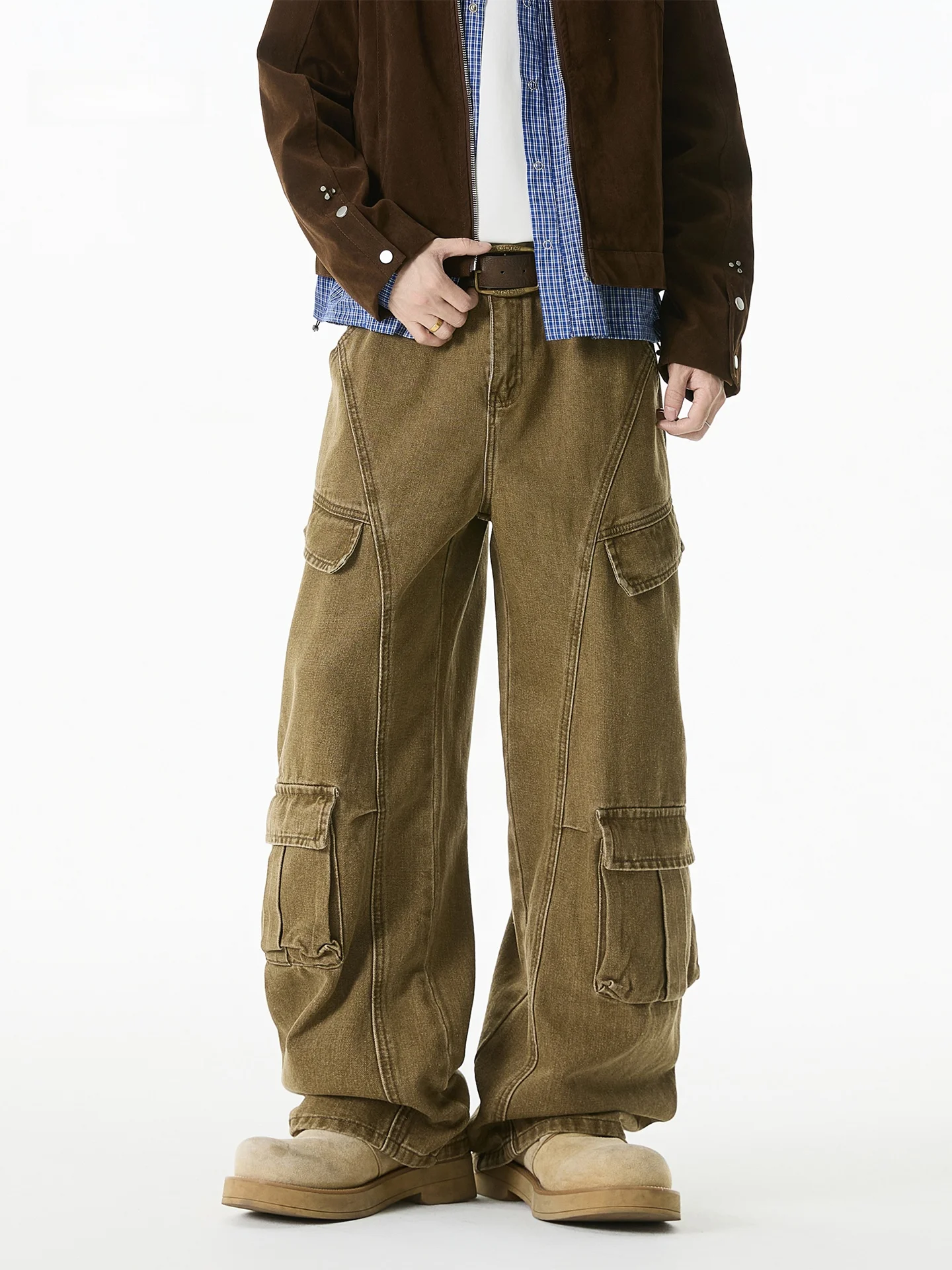 

Brown Deconstructed Patchwork Multi-ket Work Pants Men's Autumn Winter New High Street Vibe Straight Leg Wide Leg Trendy T...