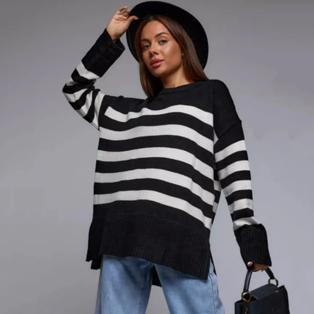 فضفاض سويتر مقلم الروسية Tiktok موقع ئي باي أتمنى البوليستر رايون جولة الرقبة طويلة الأكمام الطازجة الحلو نمط المرأة محبوك سترة #4