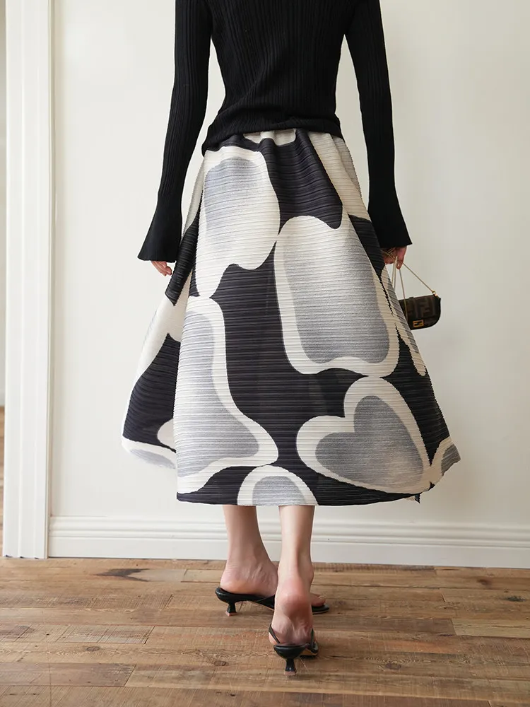 Miyake Folded Cloud Print Pattern Women Skirt Loose Oversized Elastic Design Fashion Casual Female Half Skirt 2026 Summer New