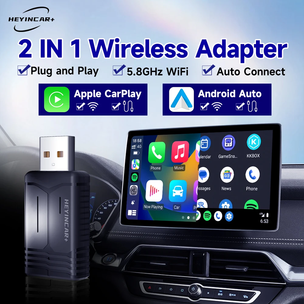 2024 HEYINCAR New Wireless Android Auto Box Wireless CarPlay  2.4G & 5.8Ghz WiFi BT Auto Connect Plug&Play For Wired AA CP Cars