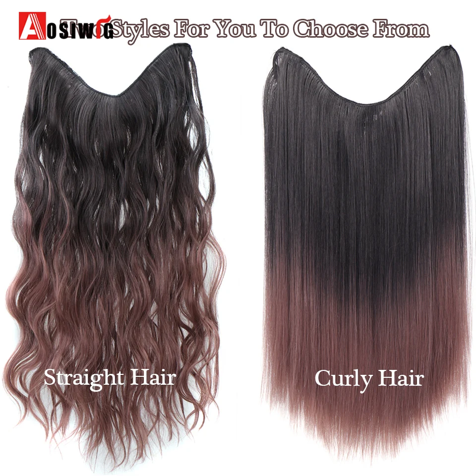 Extensions de Cheveux Synthétiques Longs et Ondulés Bouclés, Postiche, Coiffures, Noir Surligné Violet, 5 Clips, Degré de Chaleur Ombre pour