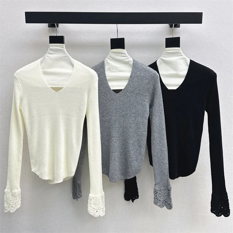 

Women's sweater New elastic knitted slim fit V-neck long sleeved top for autumn 2025 wool blend pullover Women's jumper Knitwear