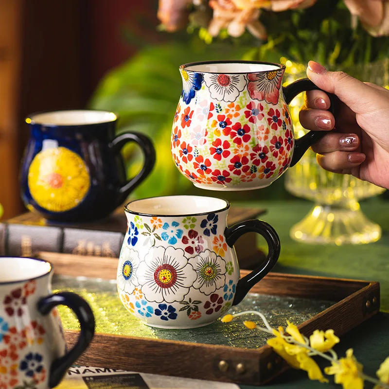 Retro handgemachte Blumenmuster Design Keramiktasse Kaffeetasse Milchbecher Home Office Frühstück Haferflocken Tasse Keramik Teebecher