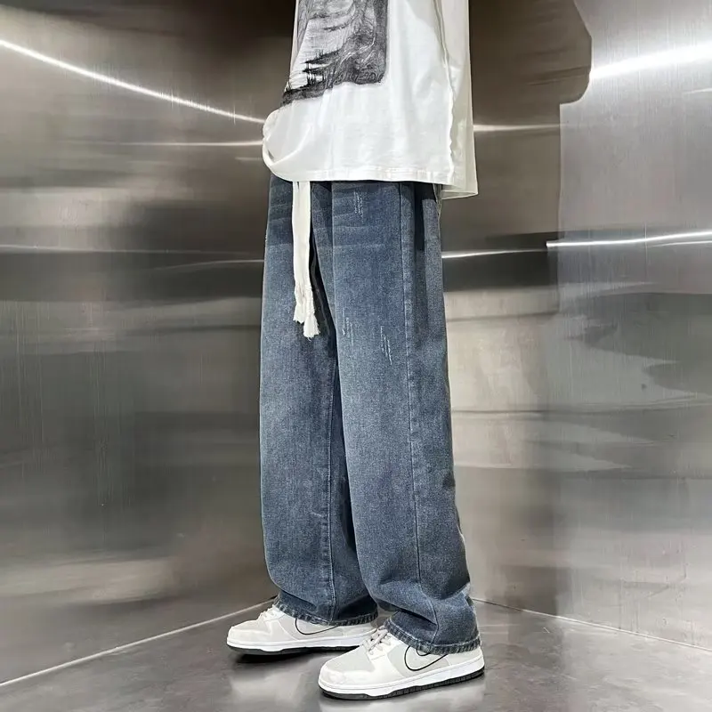 

American Retro Dstring Jeans Men Summer High Street Trend Straight Casual Loose Wide Leg Long Pants Casual Loose Fit