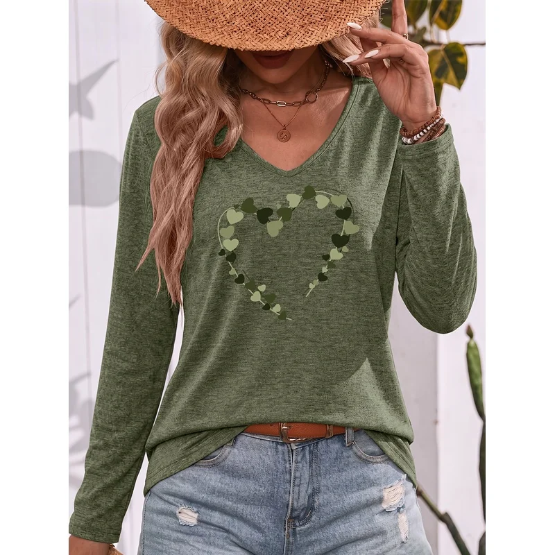 Gradient Small Heart Line Outline Print Fashion V Neck Long Sleeve T Shirt Loose Casual Basic Top For Daily Commute Casual Outin