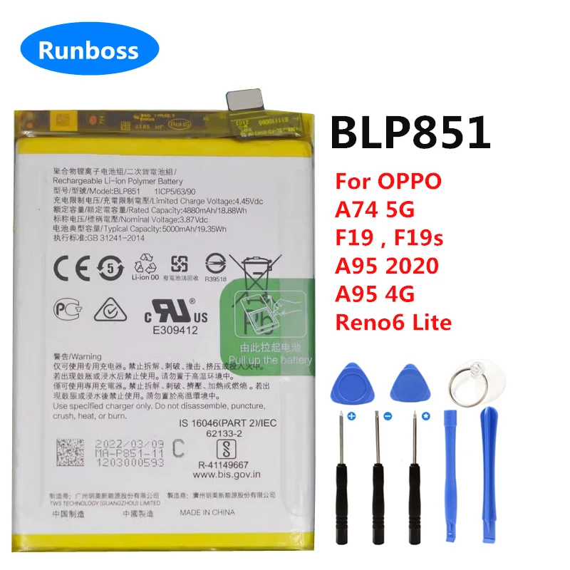Original New 5000mAh BLP851 Battery For OPPO A74 5G , F19 , F19s , A95 2020 , A95 4G Reno6 Lite CPH2195 Mobile Phone