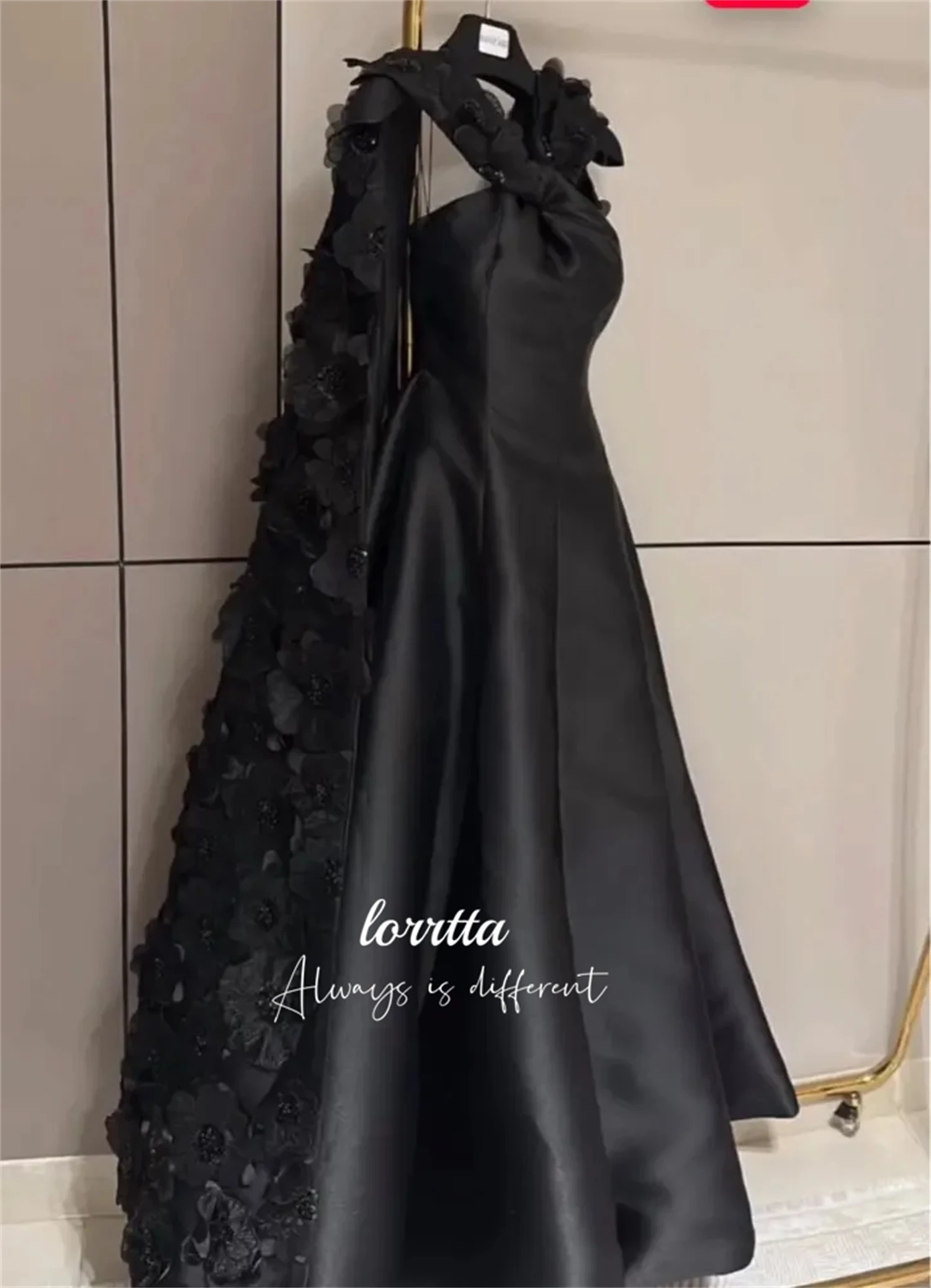 Lorrtta Formal Dress Black Line A Satin 3D dimensional Flower Shawl Luxury Evening Dresses 2024 Ball Gowns Prom Gown Customized