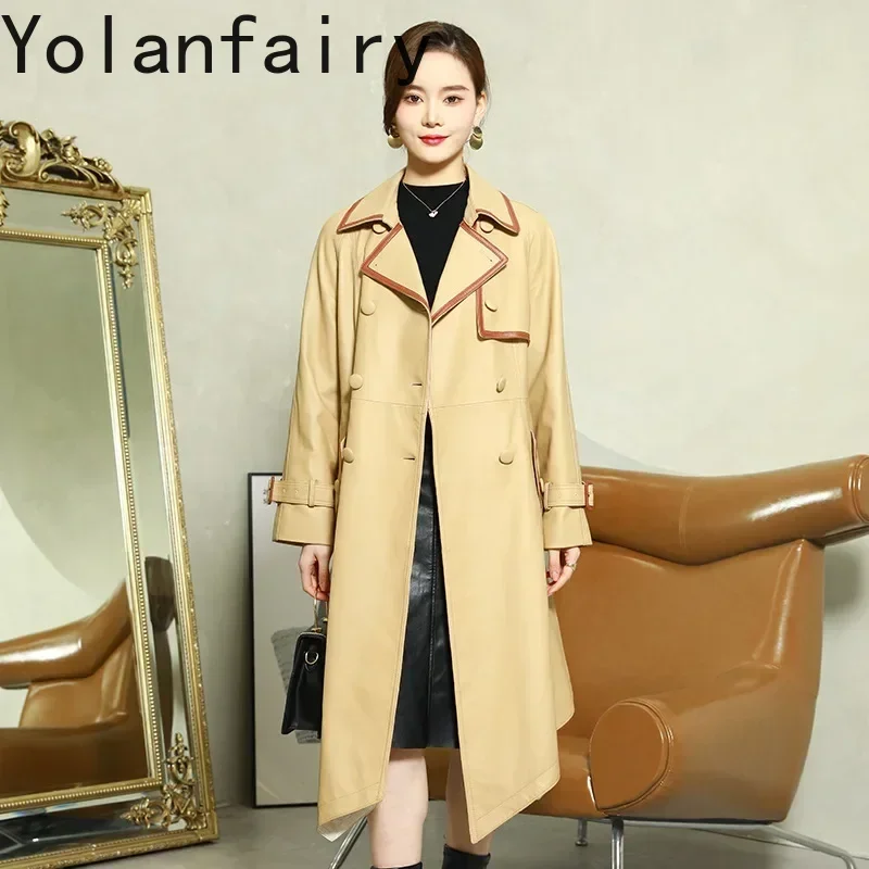 YOLANFAIRY Echt Leder Jacke Frauen Kleidung Schaffell Graben Mantel Koreanische Mode Schlanke Damen Windjacke Mantel Weibliche Jacke