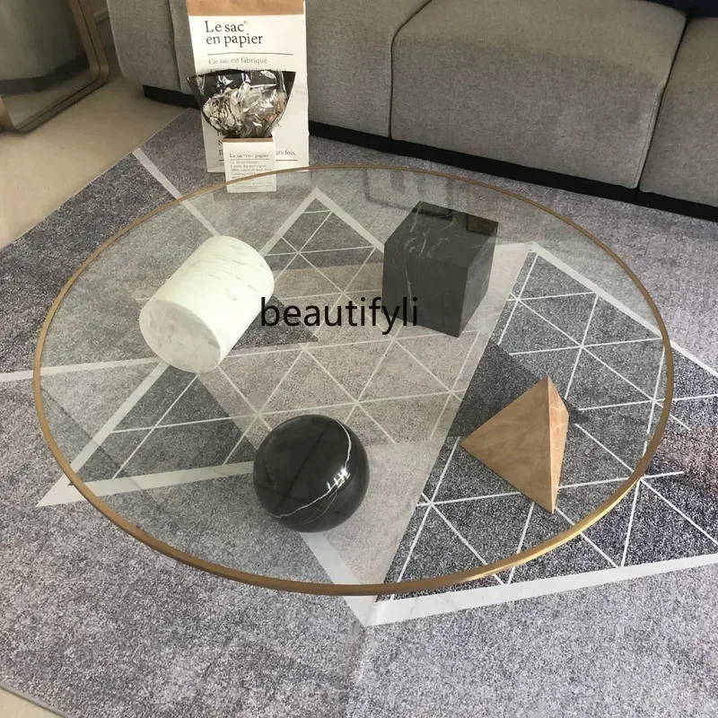Nordic Personalized Geometric Natural Marble Tea Table Low Luxury Living Room Clear Glass