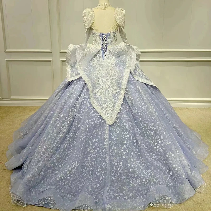 Elegante vestido De quinceañera con diamantes para niñas, traje De corte con lazo, volantes, cuello alto, plisado, manga larga, personalizado, 15 Años