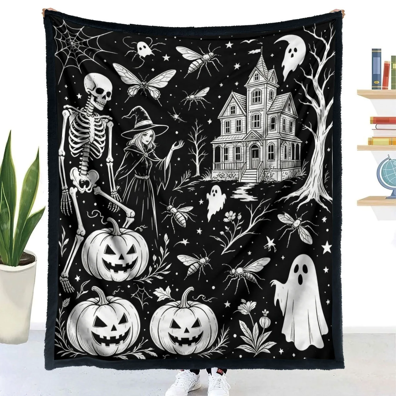 DIY Coloring Blanket with Markers for Adults Kids, Ghost Pattern Throw, Creative Decor Doodle Mat, Spooky Party Birthday Gift