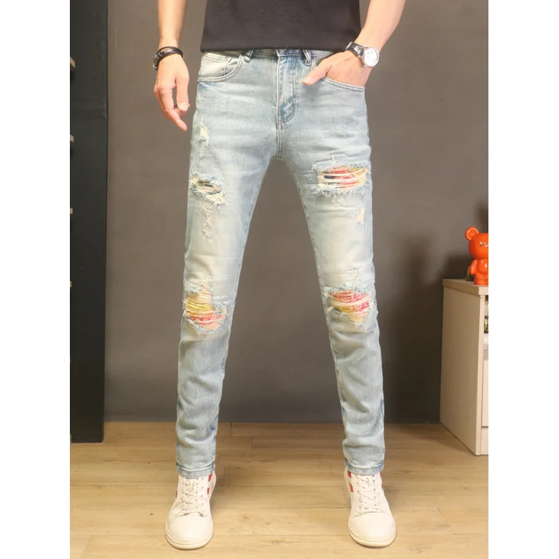 

High-End Washed Light Color Ripped Jeans Men Stretch Slim Fit Skinny Leg Design Street Fashion Denim Pants