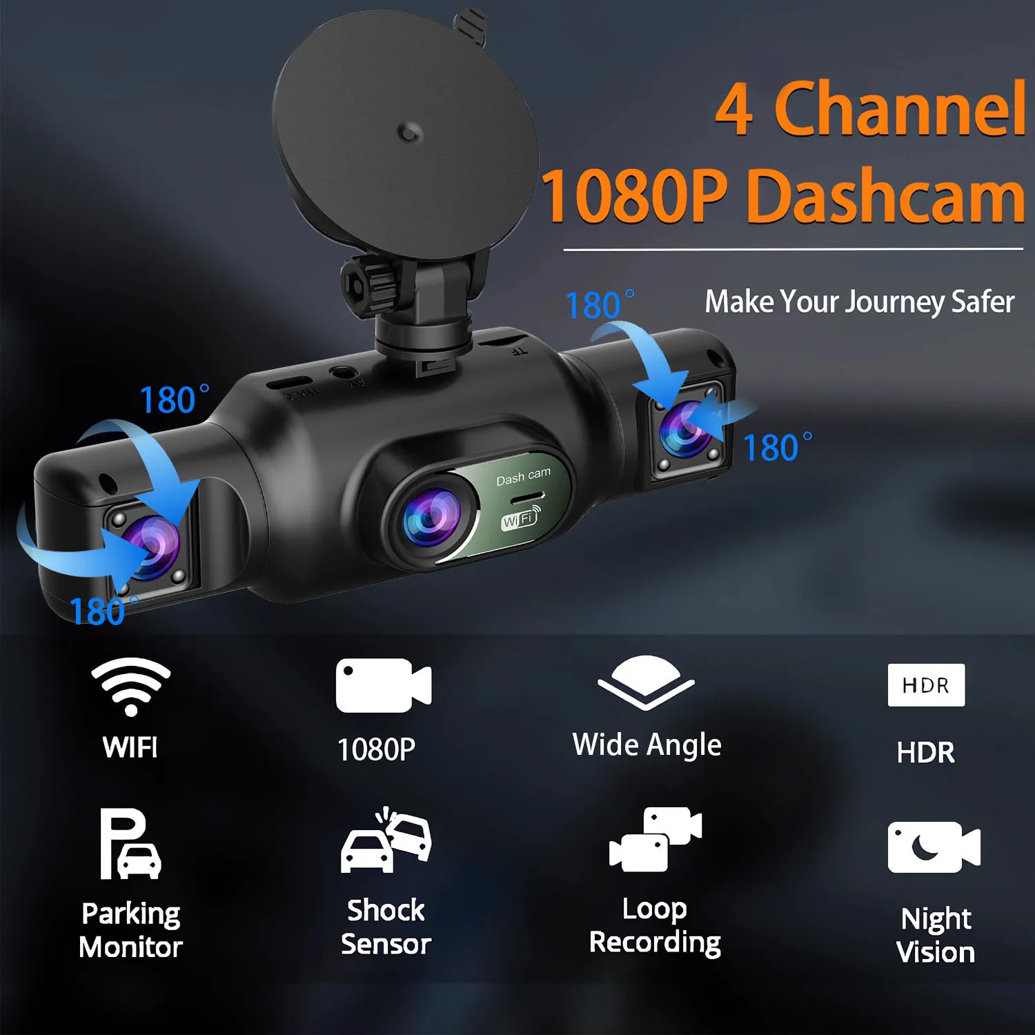 4 Cameras Dash Cam Car DVR WiFi HD 1080P Video Recorder 4 Channel Front Rear View Night Vision Black Box DVR For Vehicle Safety