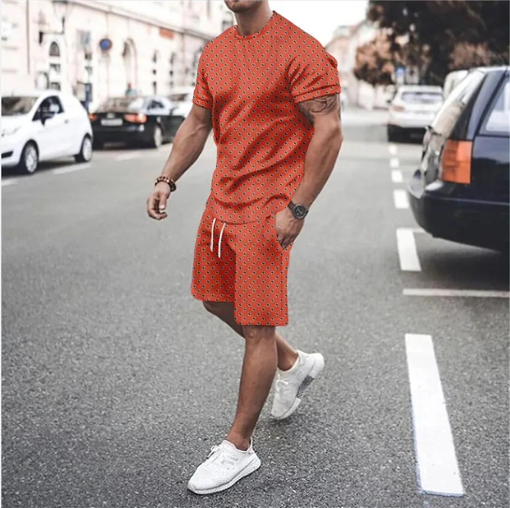 2024 Men\'s Tshirt Set 3D Print Solid Color vocation  Men  Round Neck T-Shirt Shorts Two Piece Set Casual Man Suits Clothing