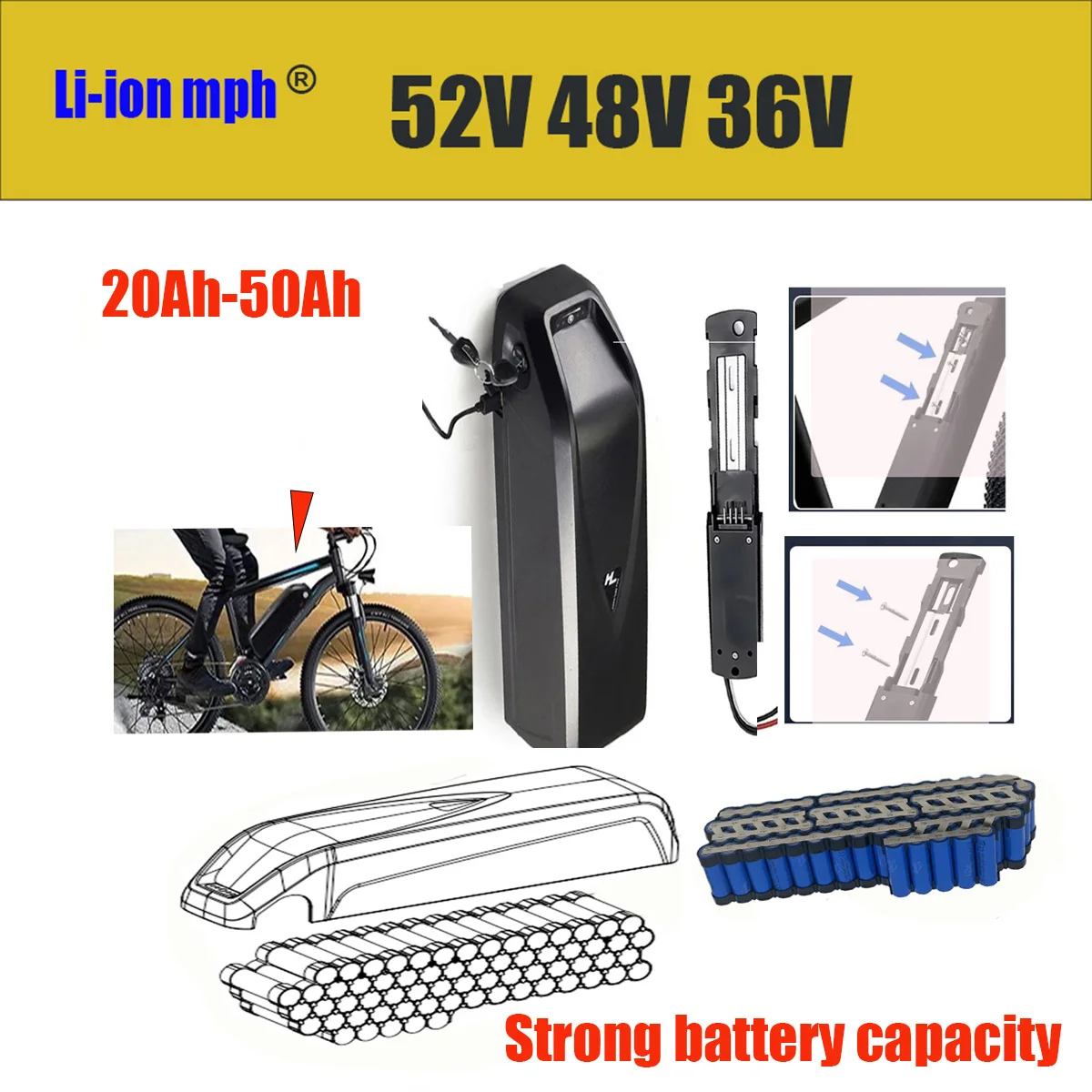 

48V high capacity Hailong 5-pin battery Cells Pack 30AH 20Ah built-in BMS for 350W 450W 550W 750W 1000W 1200W motor+charger