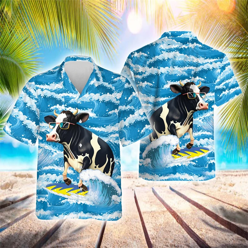 2024 New Summer Surfing Cat Duck Graphic Shirts For Men Clothes Cartoon Animal Cow Dog Short Sleeve Cute Hawaii Beach Shirt Top