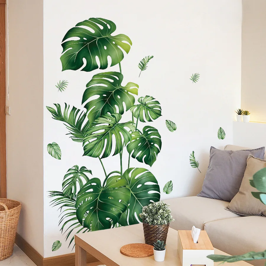 Tropical Green Leaves Plant Wall Stickers Living Room Bedroom Home Decoration Monstera Leaf Sticker Wallpaper Poster Art Mural