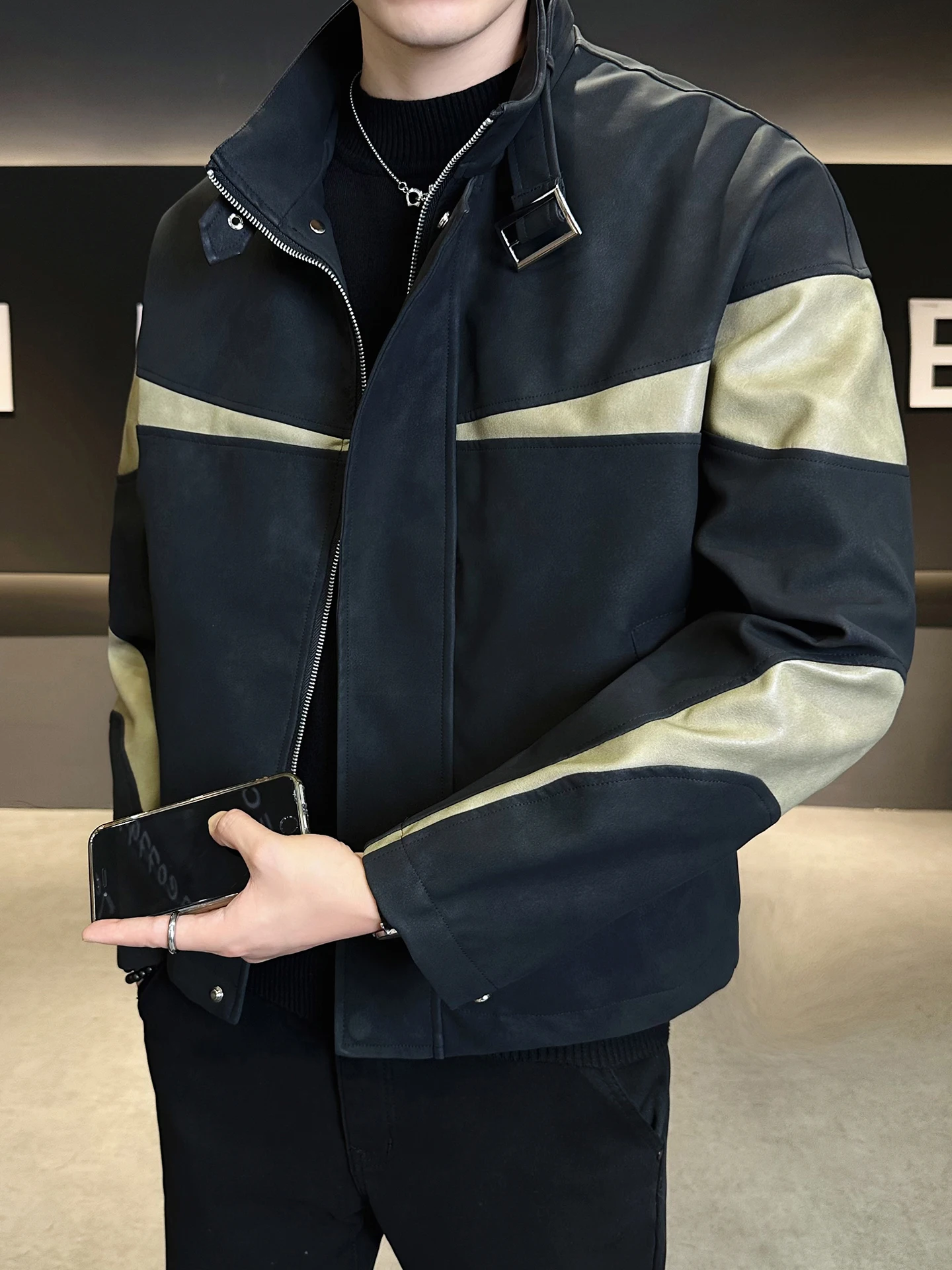 

Повседневное мужское пальто из искусственной кожи в американском стиле, осеннее новое брендовое цветное пальто Blo Sli с воротником-стойкой, длинное пальто све