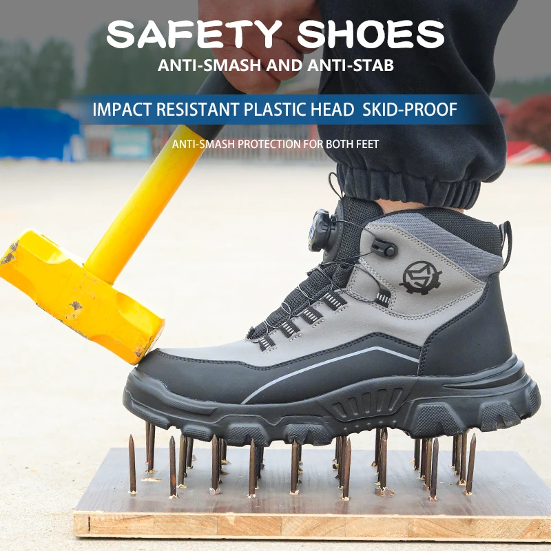 High Top Knob Buckle Safety Shoes, Mining Boots, Work Shoes, Anti-Smashing and Anti-Piercing Lightweight