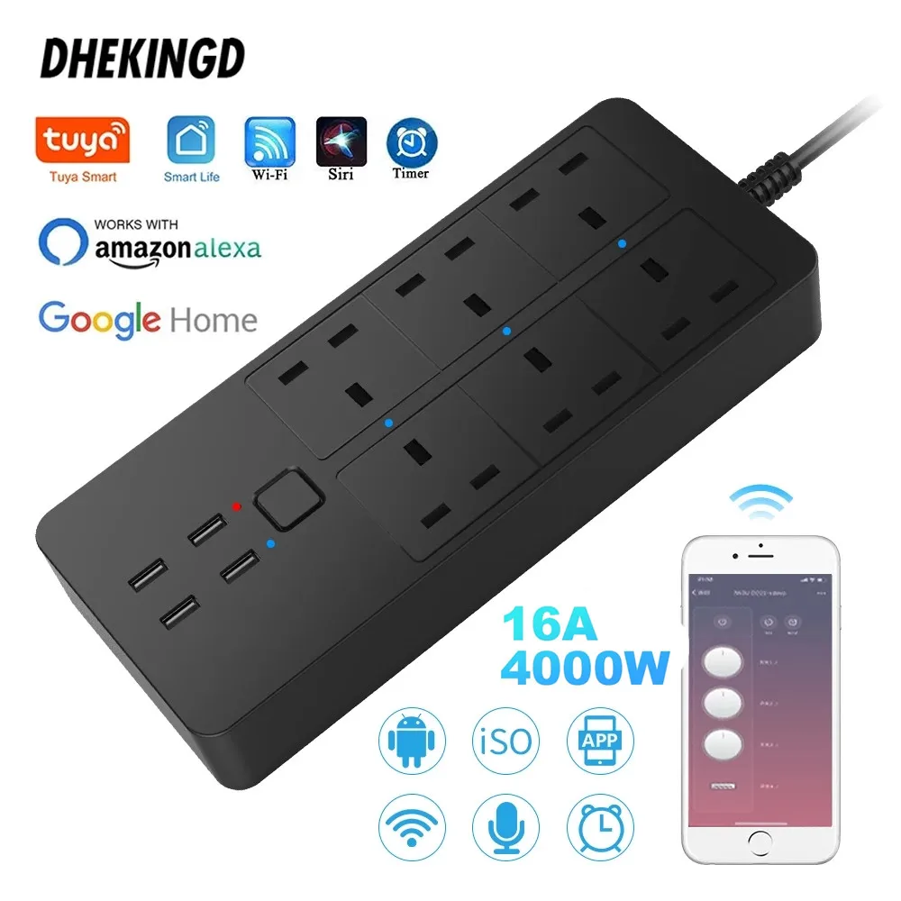 Smart Wifi  Power Strip 6 UK 4 USB Plug 5V3.1A Charging Port Timing Bluetooth Control with Alexa Google Home Assistant