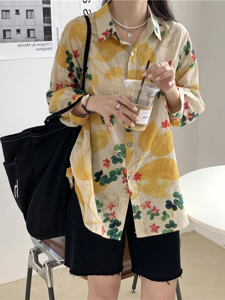 

Floral Print Short Sleeve Women's Shirt Summer Thin Chiffon Doll Sweet Style Loose Fit Button up Korean Commute Fashion Top