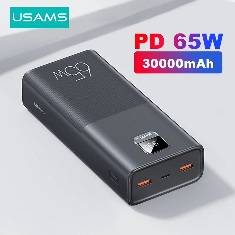 USAMS 65W 보조베터리 30000mAh PD 빠른 충전 SCP FCP 보조베터리 휴대용 외부 배터리 충전기 전화 노트북 태블릿 