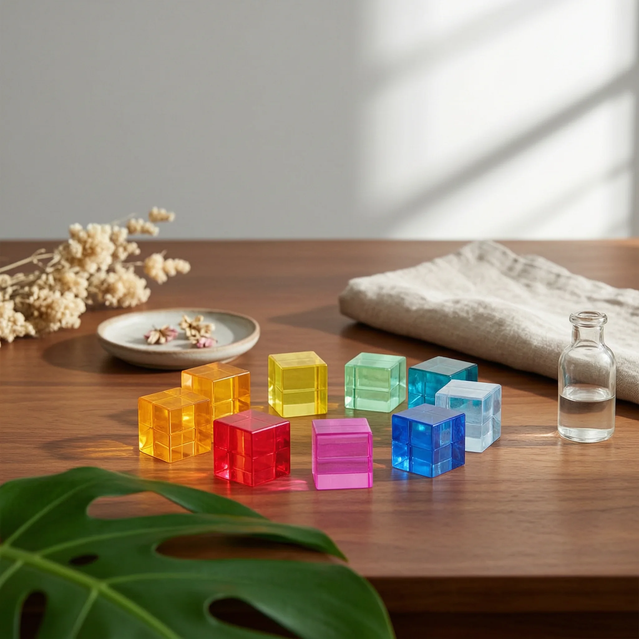 Gem Blocks with Tray Sensory Translucent Blocks with Wooden Frame Gem Cubes Colorful Toy Clear for Preschoolers, Light Table