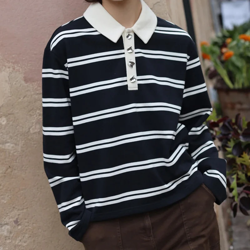 

Vintage Aesthetic Striped T-shirt Preppy Y2k Pullover Tops Women Sweatshirt Autumn Long Sleeve Rugby Shirt Teen Girl Streetwear