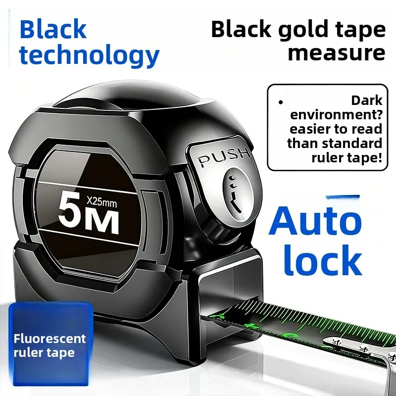 3-10M Self-Locking Tape Measure Black Fluorescent Tape Measure High Precision Thickened Wear-resistant Drop-proof Tape Measure