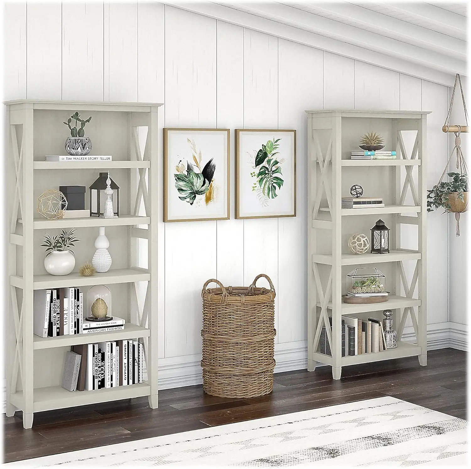 Key West 5 Shelf Bookcase - Set of 2 | Tall Bookshelves in Linen White Oak | Sturdy Display Shelves for Library, Living Room