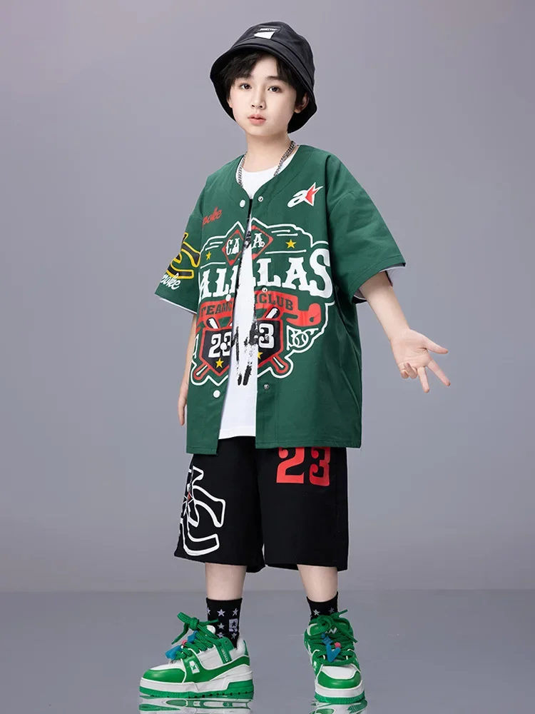 Boys Hip Hop Clothing Dark Green Baseball Uniform Tops Axe print shorts for Girls Kids Jazz Dance Costume Clothes