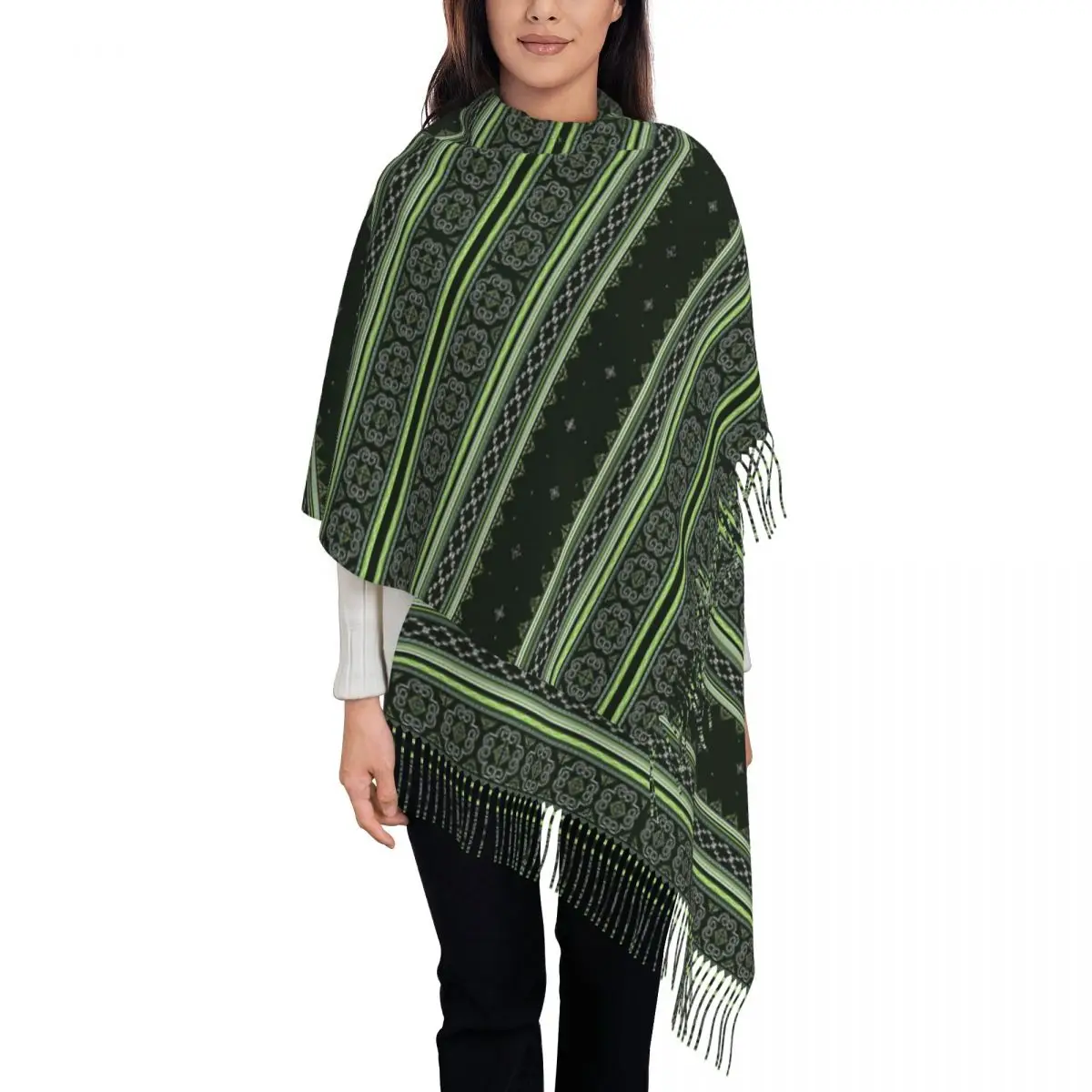 Green Hmong Winter Wonderland Scarf Tassel Scarves Women Soft Warm Shawls and Wraps Long Fall Winter Shawl Wrap