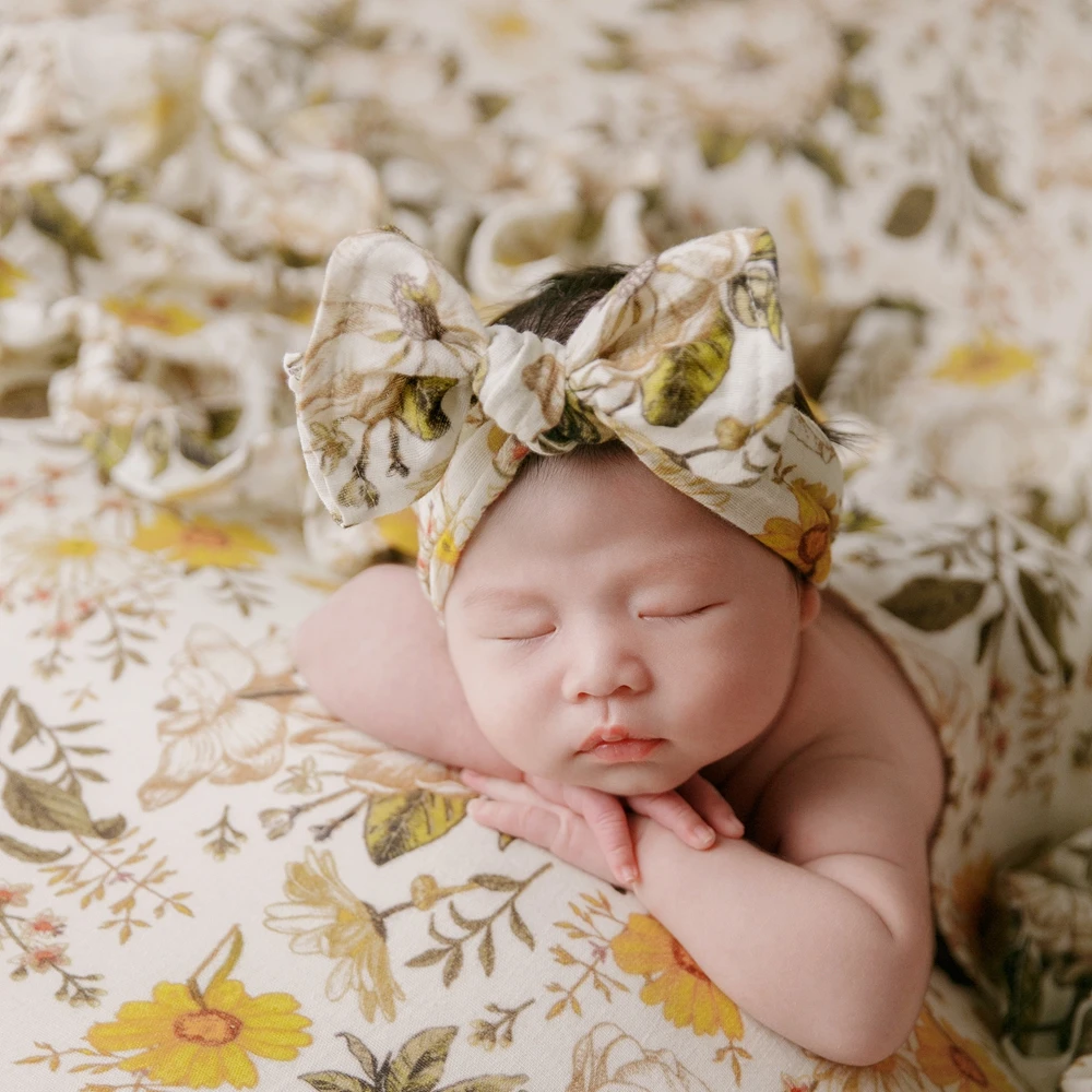 Floral Newborn Posing Fabric Blanket Wrap Headband for Photography Props Cotton Baby Floral Blanket Photo Shoot Newborn Backdrop